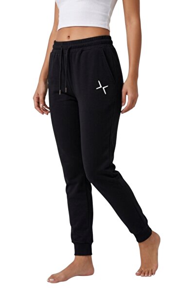 SAAT TEKSTİL Μαύρο γυναικείο αθλητικό παντελόνι με τυπωμένο λογότυπο και κορδ...