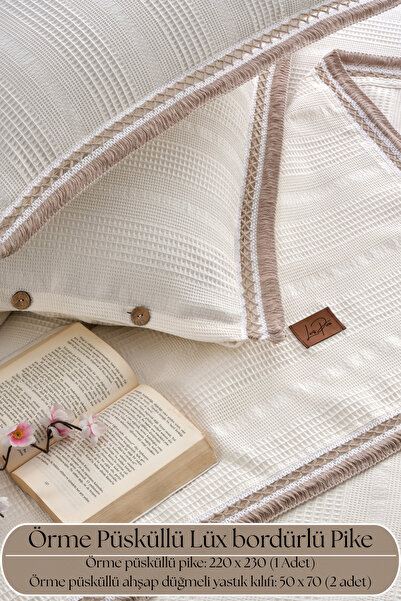 Larispera Σετ κάλυμμα κρεβατιού PIQUE με φούντες, 100% βαμβακερό, διπλό, με μ...