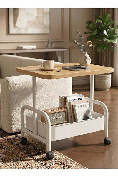 Taimi Two-tier side table with wooden top and metal frame - easy to move, woo...