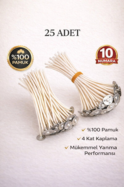 MUMTEDARİK M10 Mum Fitili 10 cm 25 Adet Hazır Fitil | %100 Pamuk Metal Tabanl...