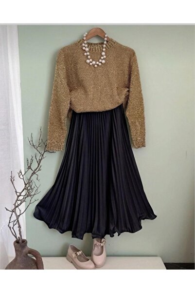 MODAM HİFA Six-Volane Pleated Black Skirt, Hijab Skirt, Women's Skirt