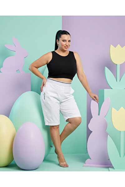 Trieste Large Size Elastic High Waist Lycra Cotton Women's Shorts with Pockets