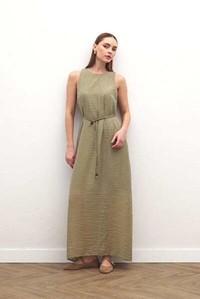 Sateen Long Dress with Belt Detail - Khaki