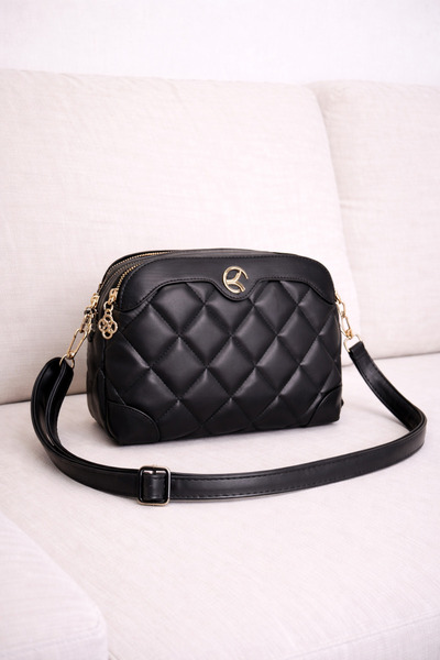 MILANOFOX Women's Black Leather Quilted Gold Detailed Lined 3-Compartment Dai...