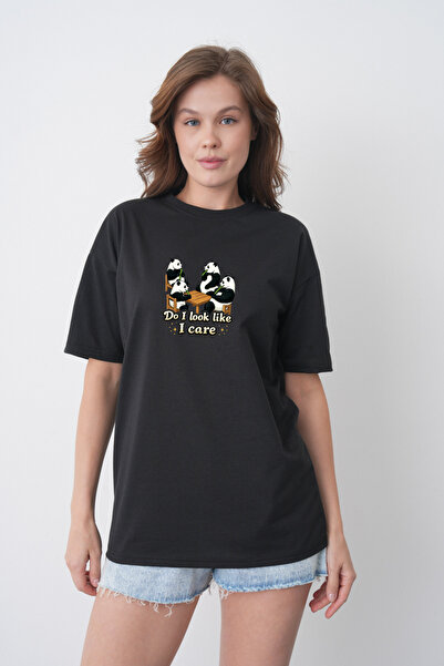 TREND EMMODA Tricou de damă din bumbac negru, cu guler rotund, cu imprimeu am...