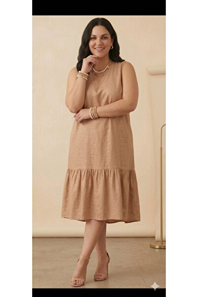 ŞERİCE Plus Size Glittery Linen Beige Sleeveless Ruffle Midi Dress