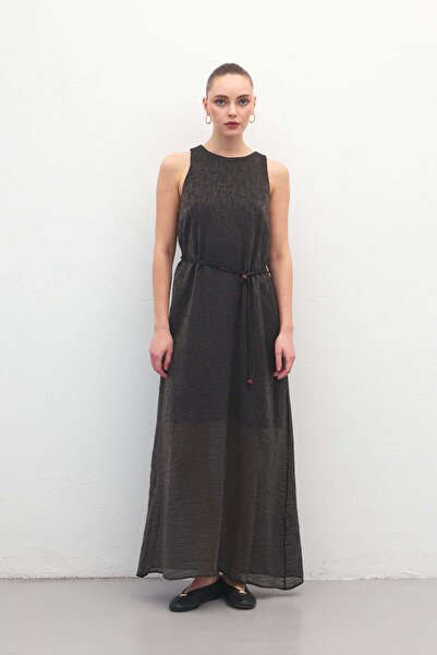 Sateen Μακρύ Φόρεμα με Λεπτομέρεια Ζώνης - Μαύρο