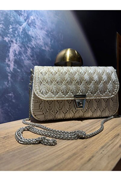Halea Bohem Örgü Dokulu Krem Zincir Askılı El & Omuz Çantası