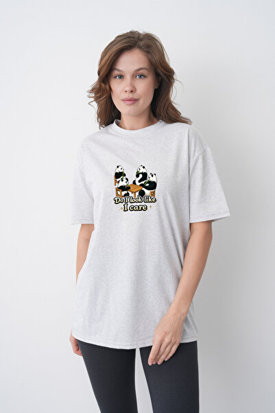 TREND EMMODA Tricou de damă din bumbac gri, cu guler rotund, cu imprimeu amuz...
