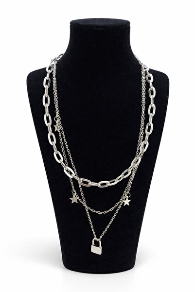 Zeraf Takı Zeraf Çok Katmanlı Gümüş Renk Zincir Kolye Seti Yıldız Detaylı Kil...