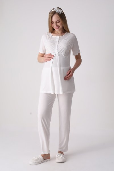 Pelin Women's Shawl Collar Jacquard Maternity 3-Piece Pajama Set