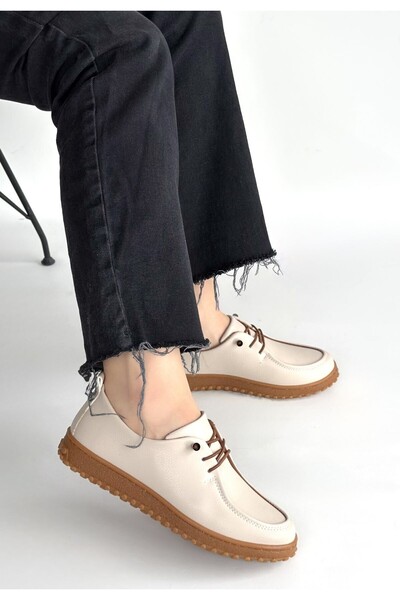 beybunn Guot Beige Leather Lace-Up Ballerina Shoes