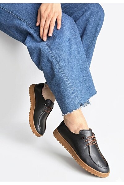 beybunn Guot Black Leather Lace-Up Ballerina Shoes