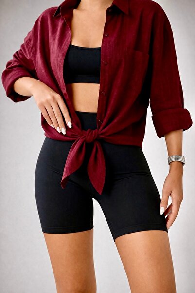 SANTAMİLA Women's Black Tights Burgundy Linen Shirt Bottom Top Set