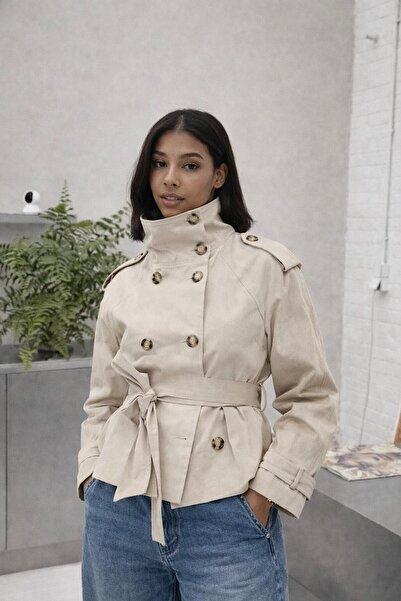 The Moda Trenci cu guler înalt și centură, crem