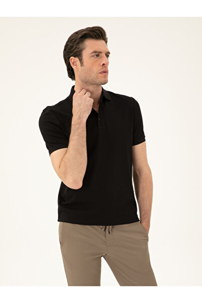 Cacharel Black Slim Fit Polo Collar Mercerized T-Shirt 50284772-Vr046