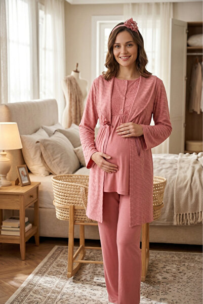 Pelin Women's Shawl Collar Jacquard Maternity 3-Piece Pajama Set