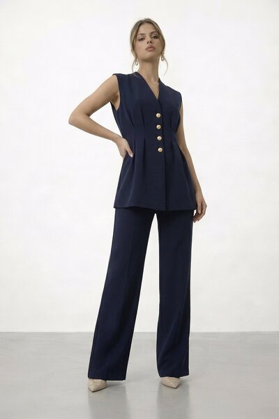 VAGGON V-Neck Button Detailed Sleeveless Set