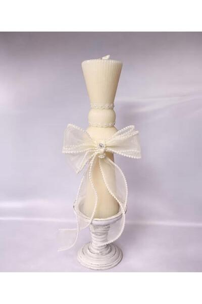 Botez cu Alina Hourglass baptism candle with organza bow with pearls – ivory