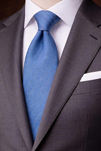 Kravatkolik Blue Herringbone Pattern Italian Wool Silk Tie Ik2347