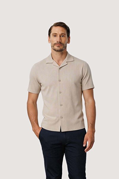 İgs Gray Short Sleeve Men's Shirt with Camp Collar Modern Summer Model