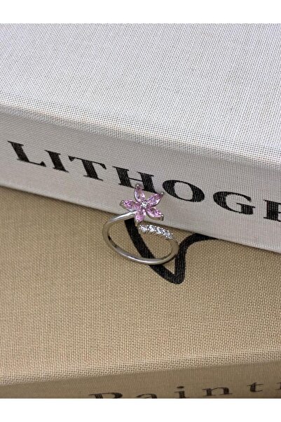Hedef Bijuteri Silver Color Pink Flower Model Zircon Stone Adjustable Brass Ring