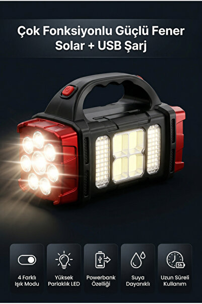 DEMPOWER Güneş Enerjili Powerbank Özellikli LED El Feneri 4 Işık Modu Suya Da...