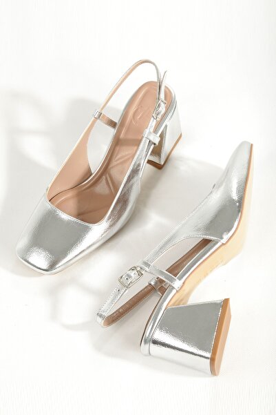 Modabuymus Silver Lame Color Thick Heeled Blunt Toe Evening Dress Shoes Benova