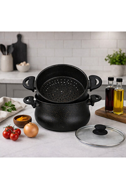 LAVONNI Naturasteam Couscous Pot Granite Steam Pot Set Black – with Strainer,...
