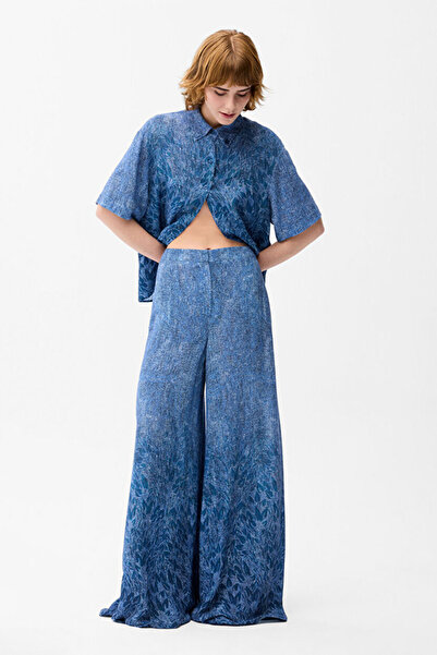 Love My Body Denim Görünümlü Desenli Bol Paça Cepli Pantolon