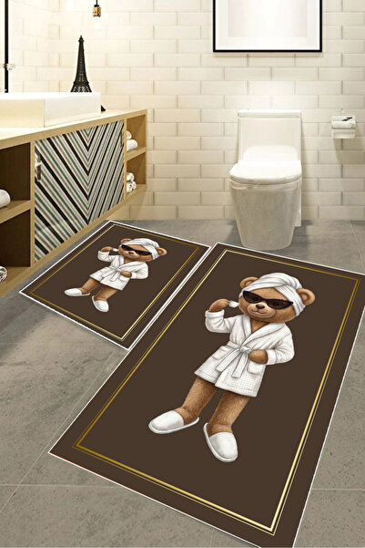 Harika bir ev Hari̇kabi̇rev | Bathroom and Toilet Mat with Bathrobe Bear Patt...