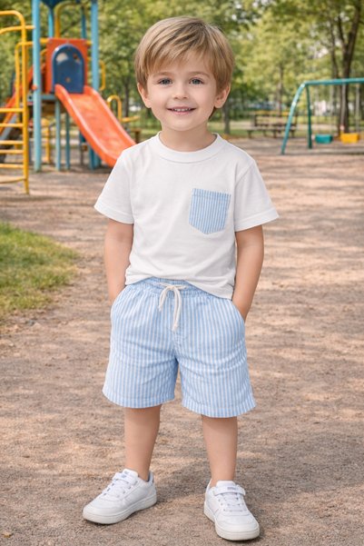 Yalçınoğlu Kids Boys' Summer Shorts Set 3-9 Years Old Cotton Striped Shorts Pocket T-Shirt Set of 2