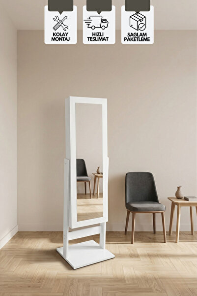 KAREN BANYO Aynalı Takı Dolabı, Çok Amaçlı Ayaklı Takı Dolabı Beyaz