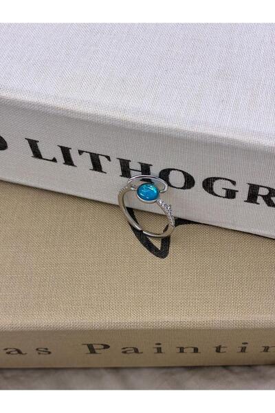 Hedef Bijuteri Silver Color Turquoise Natural Stone Look Vintage Brass Ring