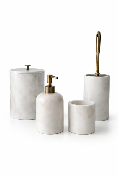 DMR HOME Mermer Görünümlü 4’lü Banyo Seti | Sıvı Sabunluk, Diş Fırçalık, WC F...