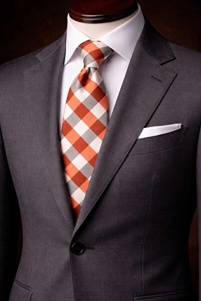 Kravatkolik Gray - Copper Square Pattern Italian Silk Tie İk2349