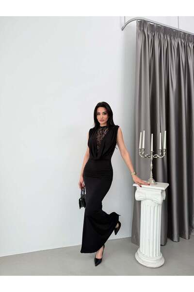 Elaxi Γυναικείο μακρύ βραδινό φόρεμα με δαντέλα και λεπτομέρειες, με γιακά κα...