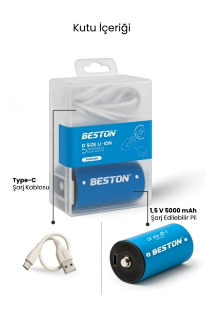 Beston 1.5V Büyük Boy D Şarjlı Lityum Pil 7400mWh, Type-C