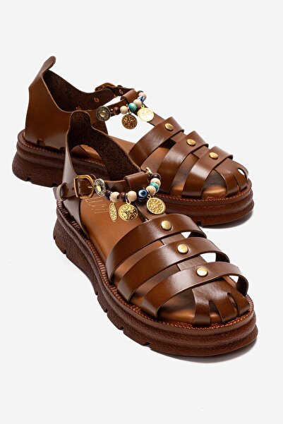 LuviShoes Γυναικεία σανδάλια SOLIS Taba από γνήσιο δέρμα με χάντρες