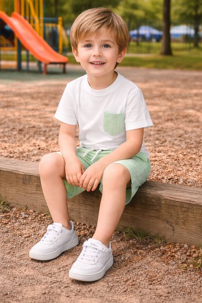 Yalçınoğlu Kids Boys' Summer Shorts Set 3-9 Years Old Cotton Striped Shorts Pocket T-Shirt Set of 2