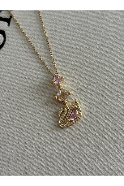 olvera shine 316L Çelik Pembe Taş Detay Kuğulu Swan Kolye/Gold