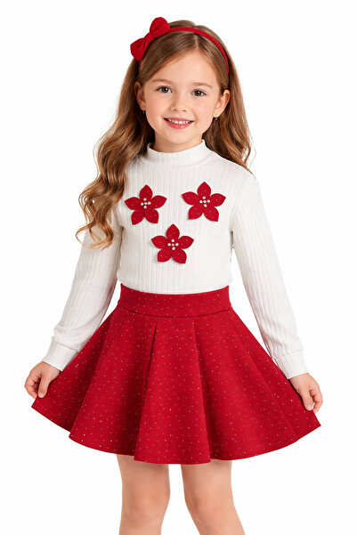 xjoy kids Girl's Set with Stoned Scuba Fabric Skirt and Floral Blouse, 2-Piece.