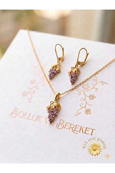 Papatya Silver 925 Ayar Taşlı Üzüm Kolye Küpe Set.rose.gold.rodaj