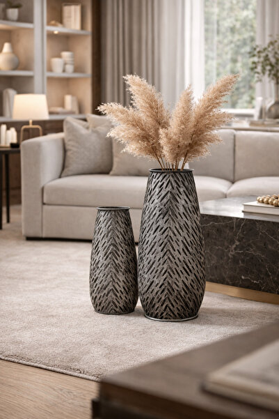MİS KİTCHEN Antique Metal Double Vase Set Decorative Modern Living Room Conso...