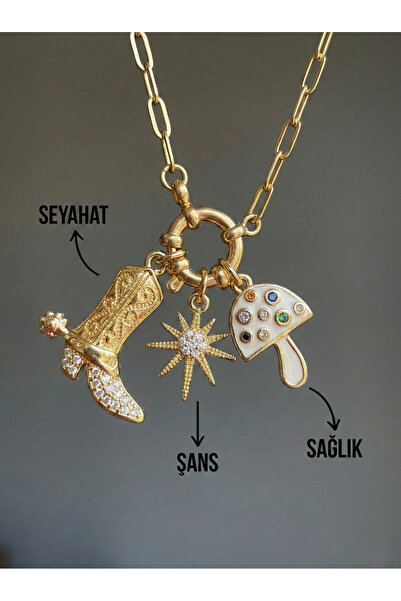 She Combines İtalyan Zincir Detaylı Figürlü Şans Kolyesi - Bot & Yıldız & Mantar
