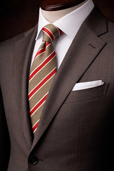 Kravatkolik ربطة عنق من الحرير الإيطالي بنمط خطوط بيج وبرتقالي IK2345