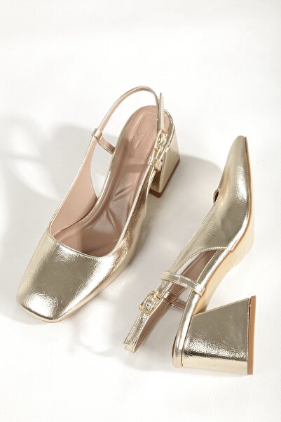 Modabuymus Χρυσό χρώμα Dore με χοντρό τακούνι και αμβλύ μύτη, βραδινά παπούτσ...