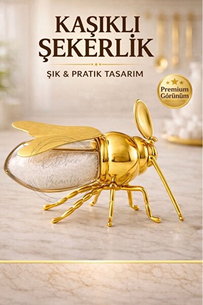 Kitchen Beauty Arı Şekilli Kaşıklı Şekerlik Kapaklı Şeker Kavanozu Kaşıklı Sa...