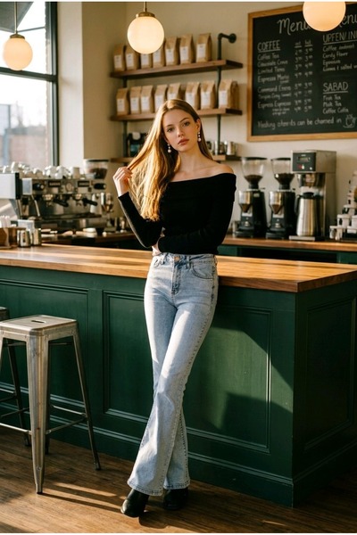 mooishan Blue Snow Women's High Waist Flare Jeans, Lycra Wide Leg Denim Pants...