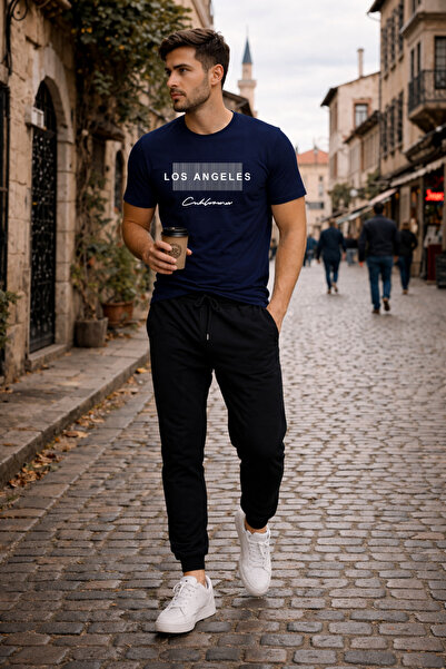 Trend Sizde Unisex Navy Blue Los Angeles Printed Tracksuit Set Relaxed Fit Da...